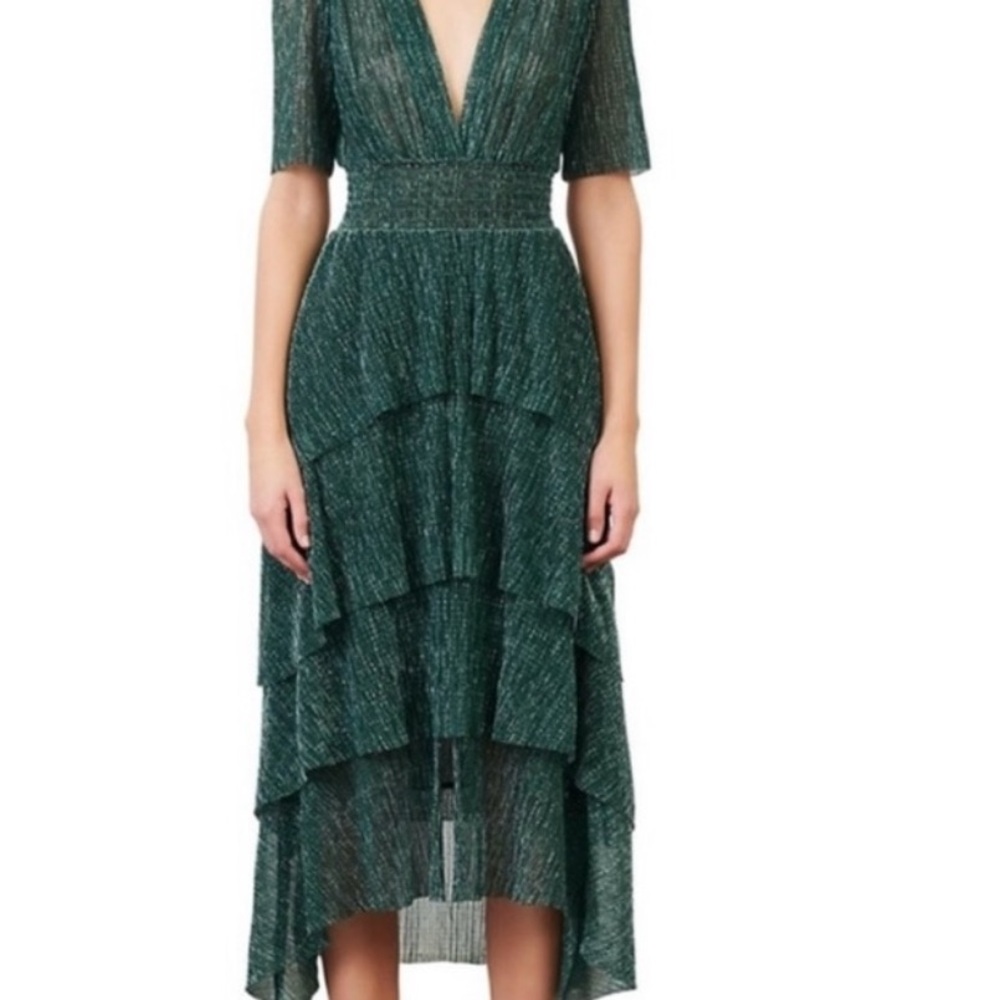 Maje ruffled lamé midi emerald green dress (size 36/S)